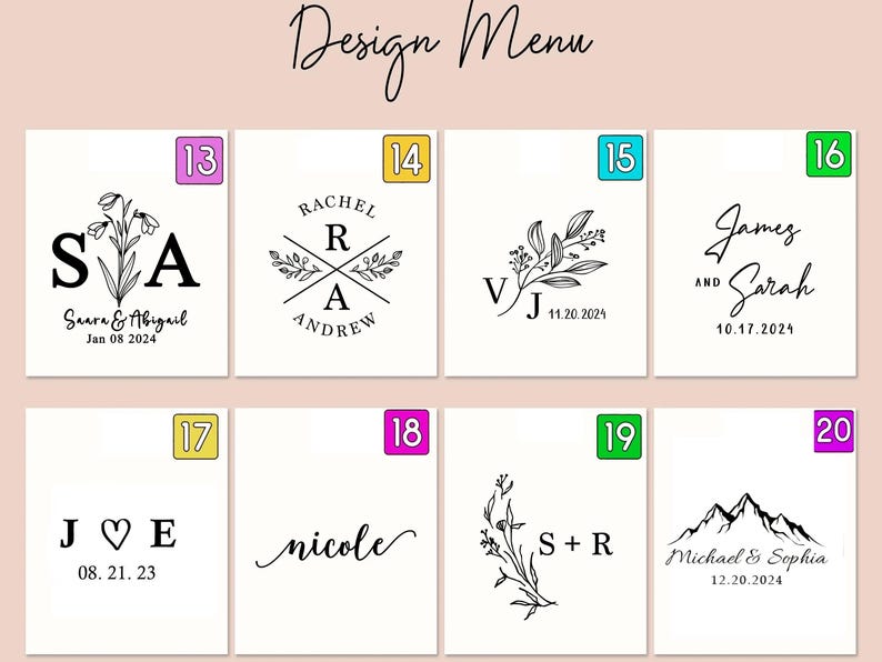 Puede incluir: Un men&uacute; de dise&ntilde;o con ocho tarjetas rectangulares blancas con ilustraciones y texto en tinta negra. Los dise&ntilde;os incluyen motivos florales, siluetas de monta&ntilde;as, iniciales y nombres como Saara, Abigail, Rachel, Andrew, James, Sarah, Nicole, Michael y Sophia.