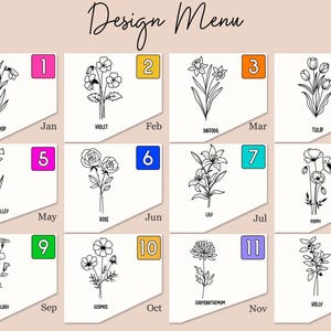 Puede incluir: Una tabla Design Menu con doce ilustraciones de arte lineal en blanco y negro de flores de nacimiento etiquetadas por mes. Cada cuadrado incluye una casilla numerada del 1 al 12, correspondiente a los meses de enero a diciembre con dibujos florales.