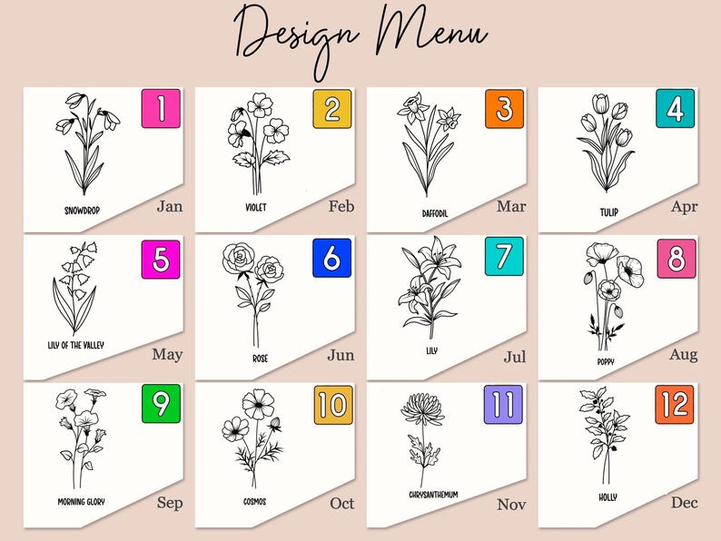 Puede incluir: Una tabla Design Menu con doce ilustraciones de arte lineal en blanco y negro de flores de nacimiento etiquetadas por mes. Cada cuadrado incluye una casilla numerada del 1 al 12, correspondiente a los meses de enero a diciembre con dibujos florales.