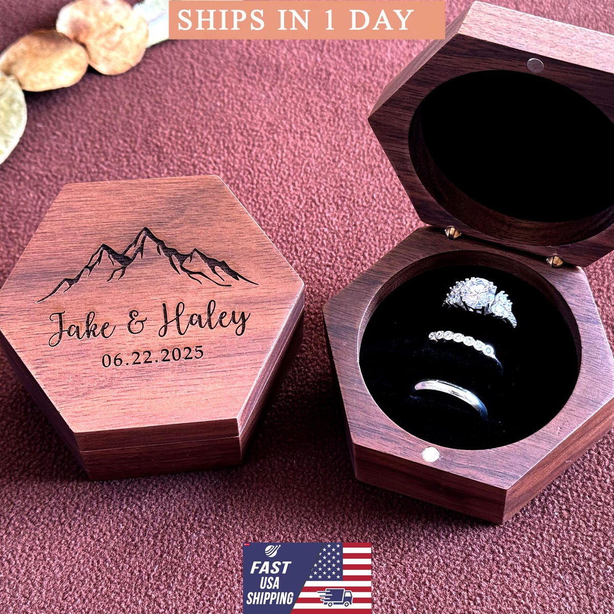 Engraved Wooden 3-slot Ring Box