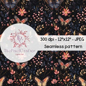 Midnight Garden Moths Seamless Pattern, Unlimited Commercial Use digital print file Sublimation POD mystical moth magic witchy floral