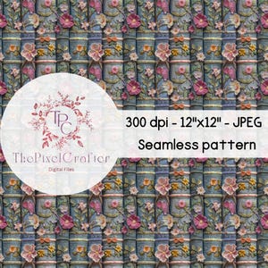 Faux Embroidery Floral Books Seamless Pattern, Digital Paper, Cottagecore, Sublimation Design, Repeating Pattern, BOHO