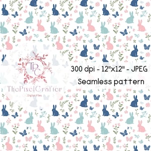 Padrão de Páscoa em tons pastéis sem emendas: coelhinhos, borboletas e flores (download digital)