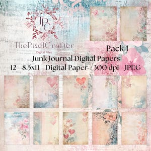 Vintage Pastels Shabby Chic Digital Paper for Junk Journal, Valentines Hearts Flowers Printable Papers Scrapbook, Journal filler Pack 1