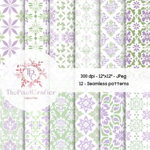 Grands motifs millénaires sans couture, JPEG floral lavande et vert tendre pastel, rayures, carreaux, motif répétitif numérique, papier de scrapbooking