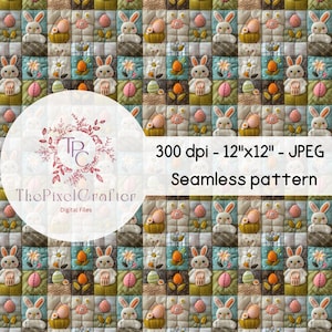 Könnte beinhalten: Ein nahtloses digitales Papiermuster mit einem Patchwork-Design mit Hasen, Eiern und Blumen. Das Muster ist in den Farben Rosa, Blau, Grün, Braun und Gelb gehalten. Das Muster ist 30,48 cm x 30,48 cm groß und hat eine Auflösung von 300 dpi.