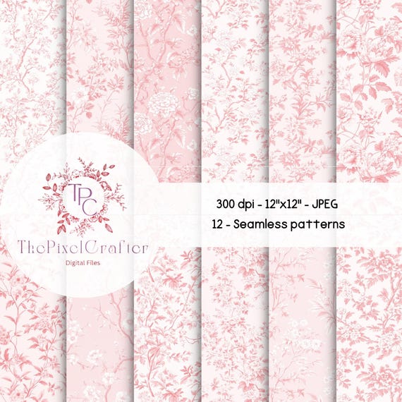 Chinoiserie Wildflower Dusty Rose Seamless Patterns: Vintage Toile de Jouy (Digital Paper)
