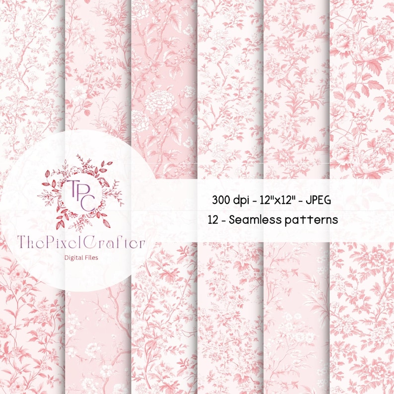 May include: Twelve seamless digital paper patterns featuring a delicate pink floral design on a white background. The patterns are 12 inches by 12 inches and 300 dpi.
