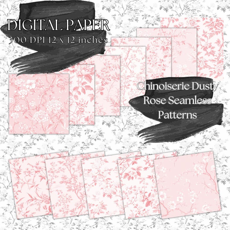 May include: Digital paper pack with 12x12 inch seamless patterns. The patterns feature a dusty rose chinoiserie floral design on a white background. The text "Chinoiserie Dusty Rose Seamless Patterns" is written in black on a gray background.