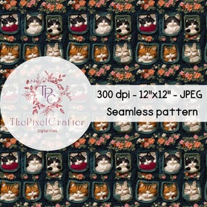 May include: Seamless digital pattern featuring a repeating design of sleeping cats in crocheted squares with floral accents. The pattern is 12 inches by 12 inches and 300 dpi.