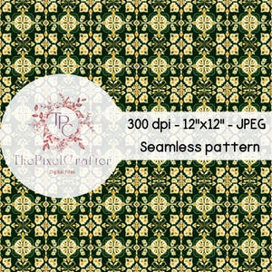 Persian Tile Green and Gold Seamless Pattern, Moroccan Tiles, Digital Paper, Ephemera, Repeat Pattern, Sublimation Design, POD