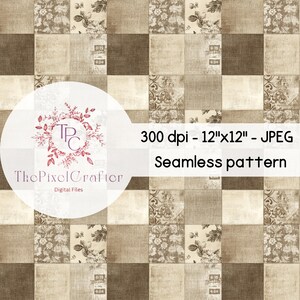 May include: A seamless digital paper pattern with a checkered design. The pattern features a variety of beige, brown, and cream colours with floral and geometric motifs. The pattern is 12 inches by 12 inches and 300 dpi.