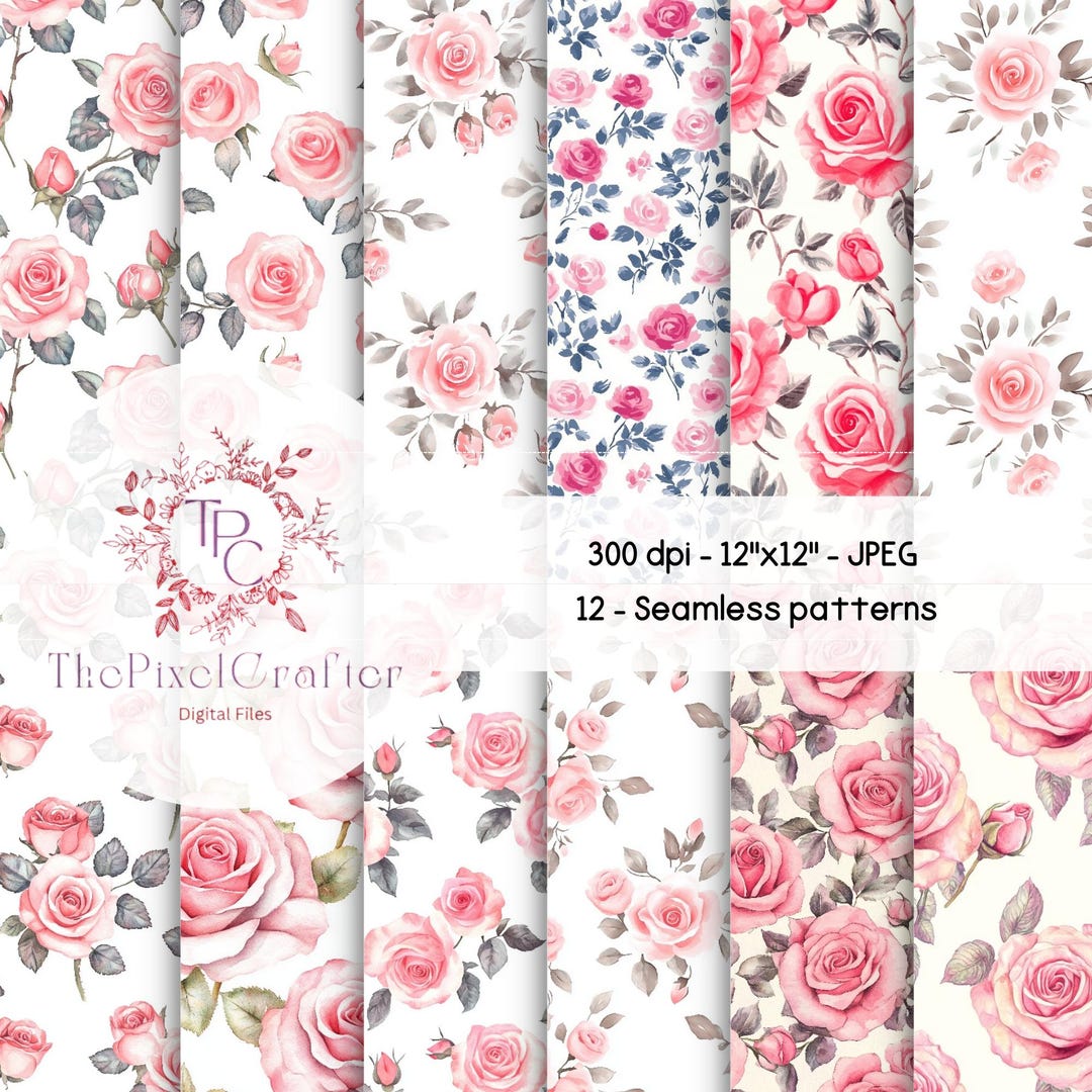 Watercolor Rose Seamless Patterns: Shabby Chic Digital Paper (digital ...