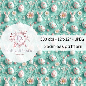 Osterhasen und herzbemalte Eier Nahtlose Musterdatei, Frühling 3D-Effekt, Sublimationsdesign für kommerzielle Nutzung, digitaler Download für POD