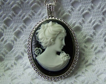 Shy girl young woman oval gray Cameo scrolled brass Pin Pendant Jewelry brooch necklace  CS34-36