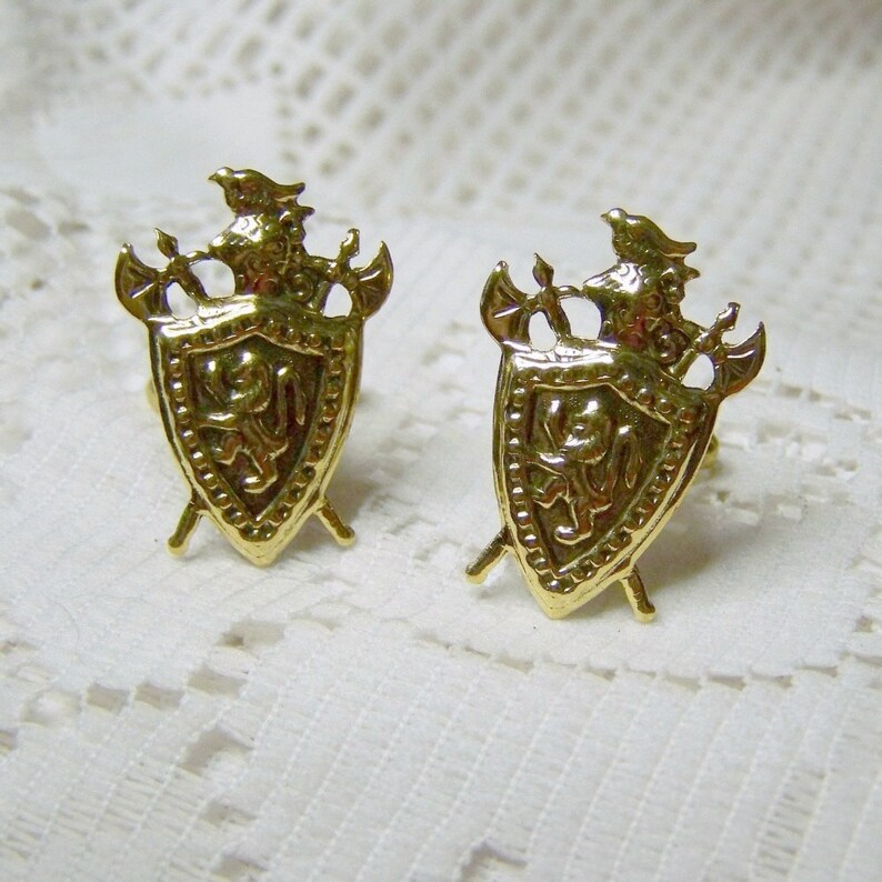 Renaissance Armour Coat of Arms Gold Armor Shield Cuff Links Lion Rampant Scotland Medieval Knight Royal Crest