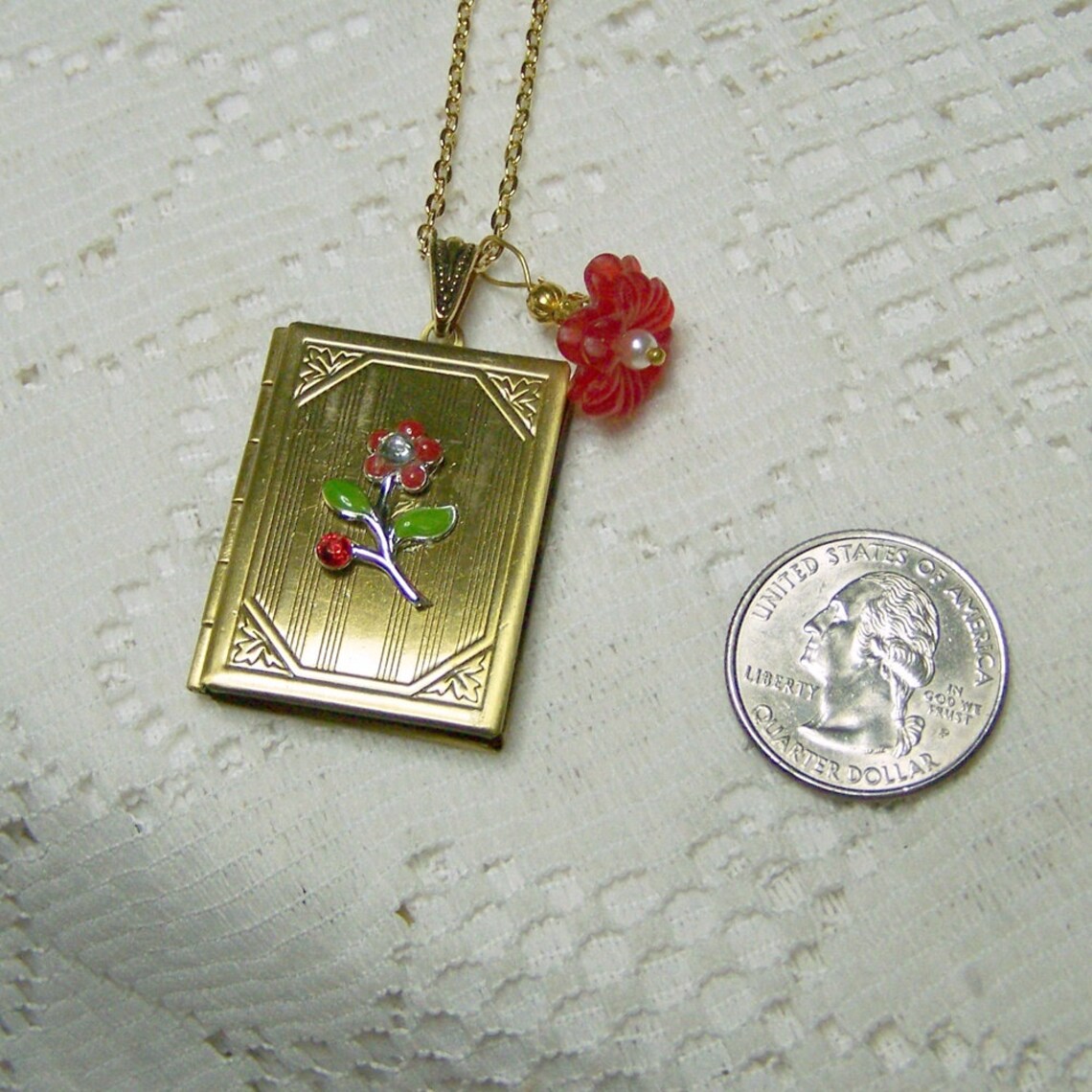 Red Flower Book Locket Large Book Locket antique gold Etsy