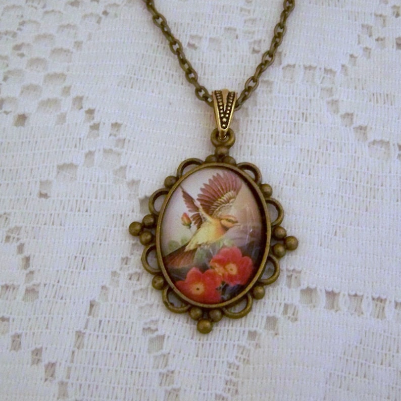 Red Flowers Bird Watching Flying Sparrow Necklace Antiqued Bronze Ornithology Flying Free Brown Yellow Cream Bird Pendant