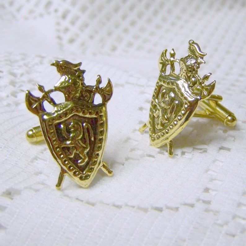 Renaissance Armour Coat of Arms Gold Armor Shield Cuff Links Lion Rampant Scotland Medieval Knight Royal Crest