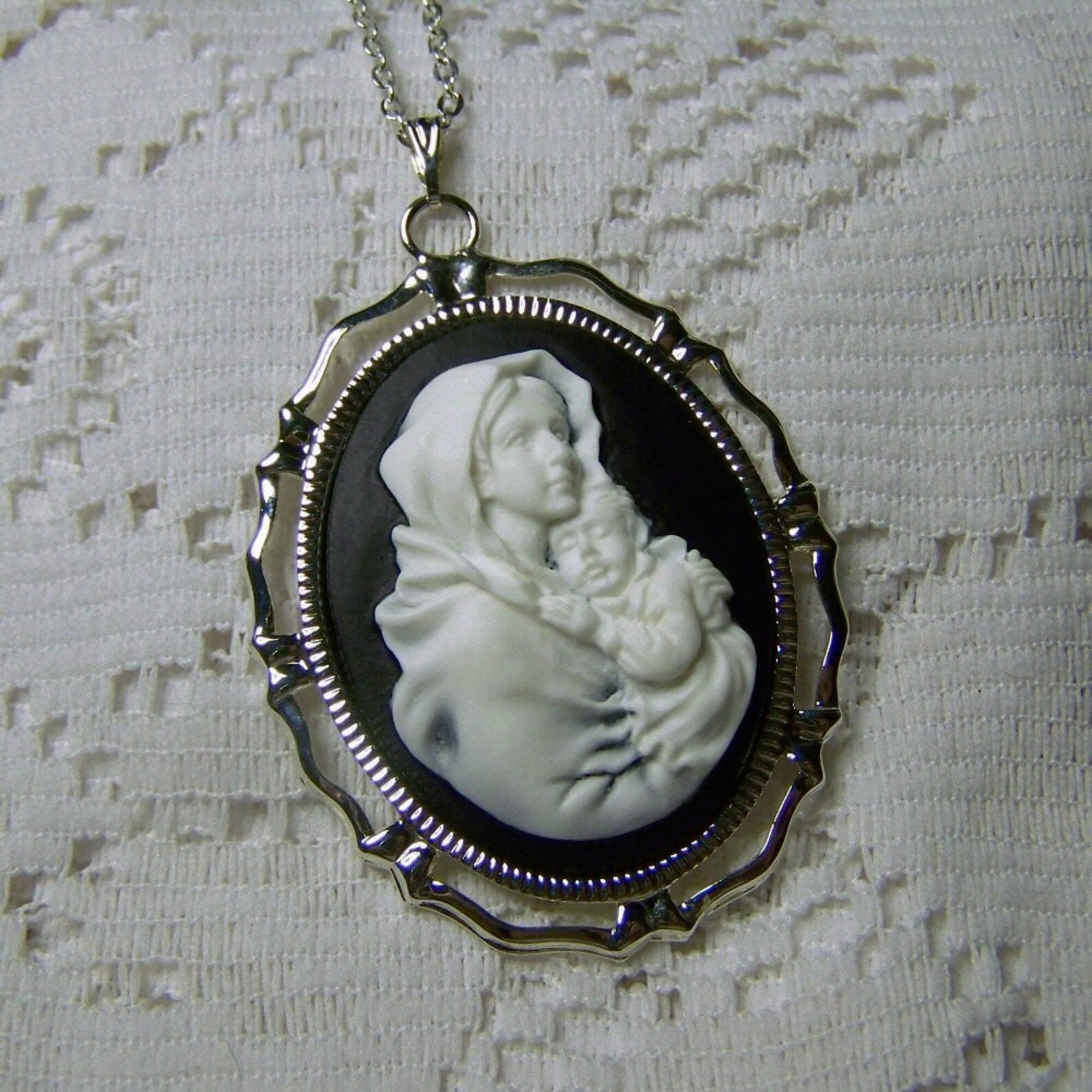 Mother Mary Silver Cameo Necklace Religious Necklace Etsy