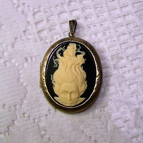 MERMAID /& PIRATE SHIP Cameo Antiqued Gold LARGE Locket Necklace LADY of the SEA
