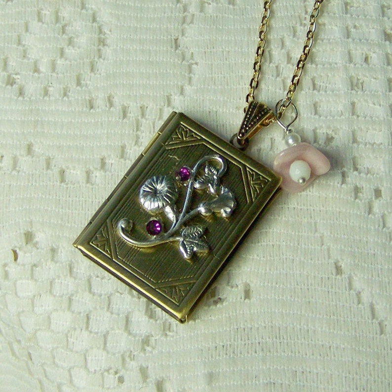 Flower Book Locket Amethyst Rhinestones Purple Flowers Etsy