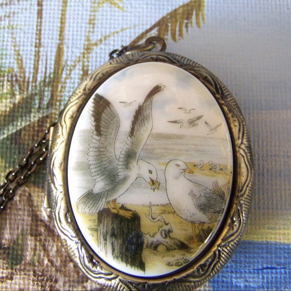 Seagull Locket - Large Beach Memories Locket - Seagulls Porcelain Cameo - Seagull Jewelry - Antique Gold - Vintage Seagull Cameo