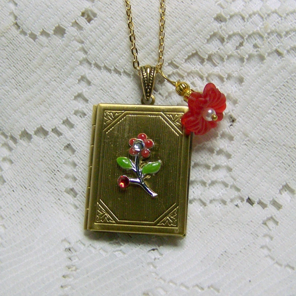 Red Flower Book Locket Large Book Locket antique gold Etsy