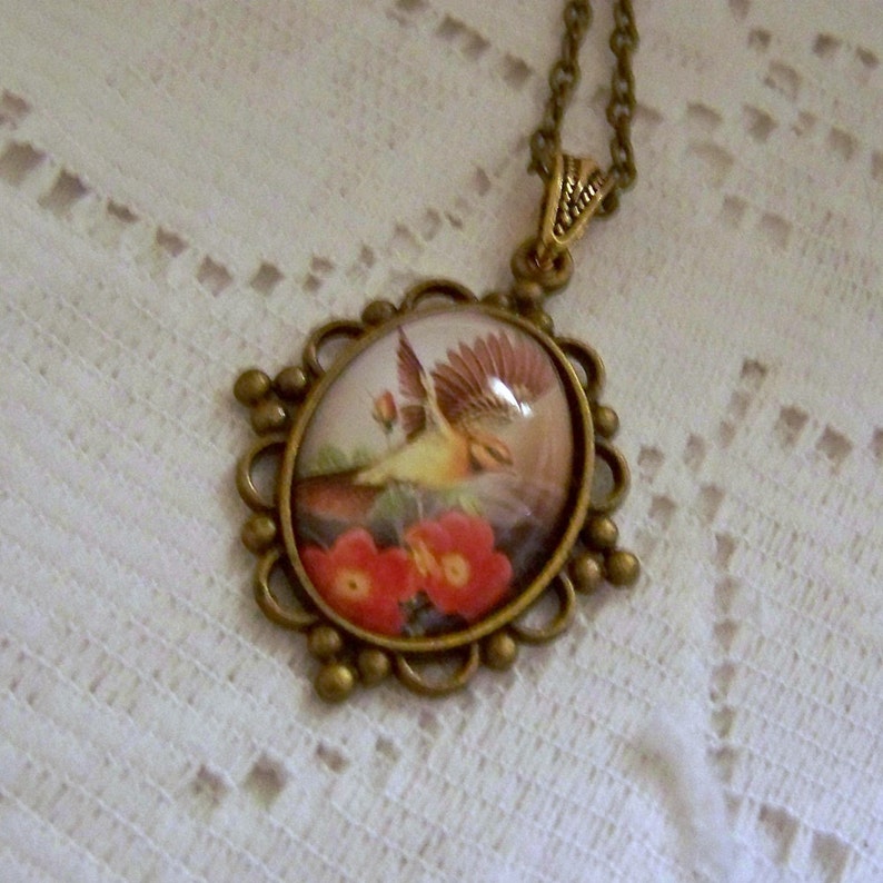 Red Flowers Bird Watching Flying Sparrow Necklace Antiqued Bronze Ornithology Flying Free Brown Yellow Cream Bird Pendant