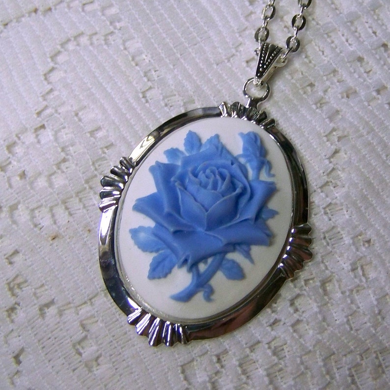 Rose Cameo Pendant Blue Rose Cameo Necklace Victorian Rose | Etsy