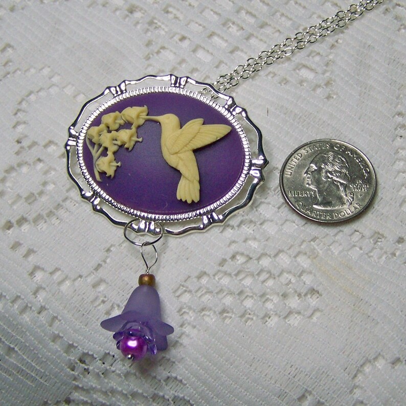 Hummingbird Cameo Hummingbird Jewelry Ivory Purple Hummingbird Necklace Cream Audubon Brooch Combo Ornithology Pin Amethyst Orchid
