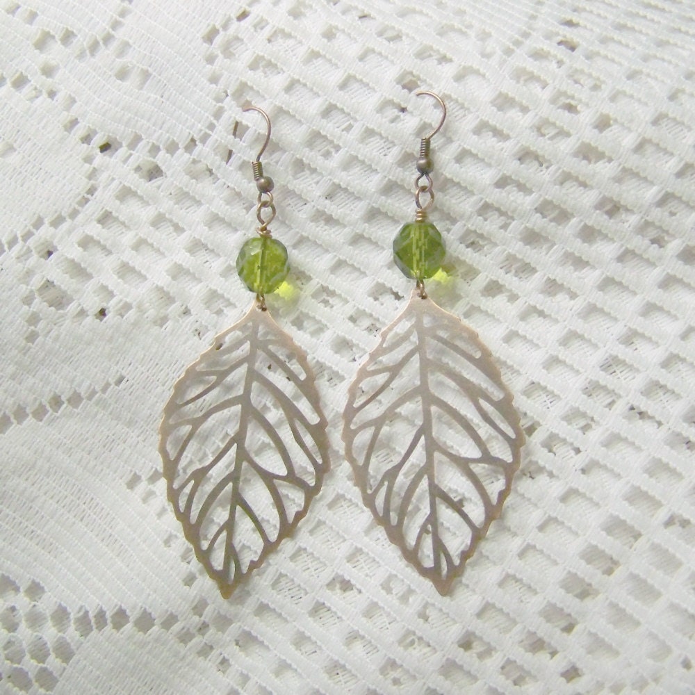 Filigree Leaf Earrings Autumn Earrings Olivine Olive Green Etsy
