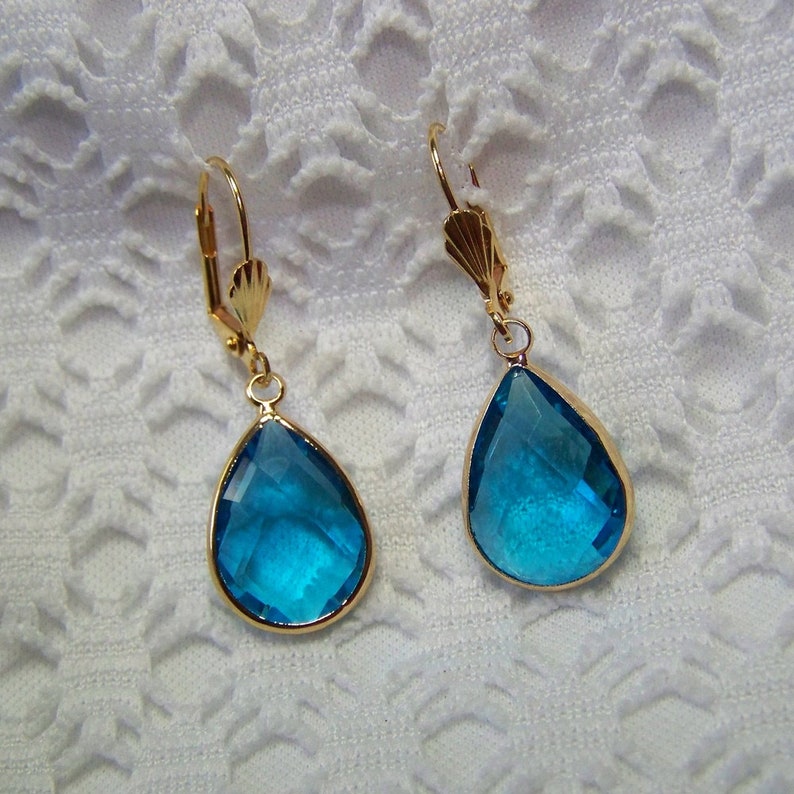 Aqua Blue Glass Teardrop Earrings Aquamarine Gold Earrings Blue Quartz Birthday Gift Idea Gift for Her Faceted Glass Teardrop Earrings