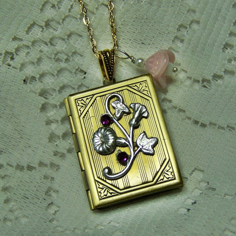 Flower Book Locket Amethyst Rhinestones Purple Flowers Etsy