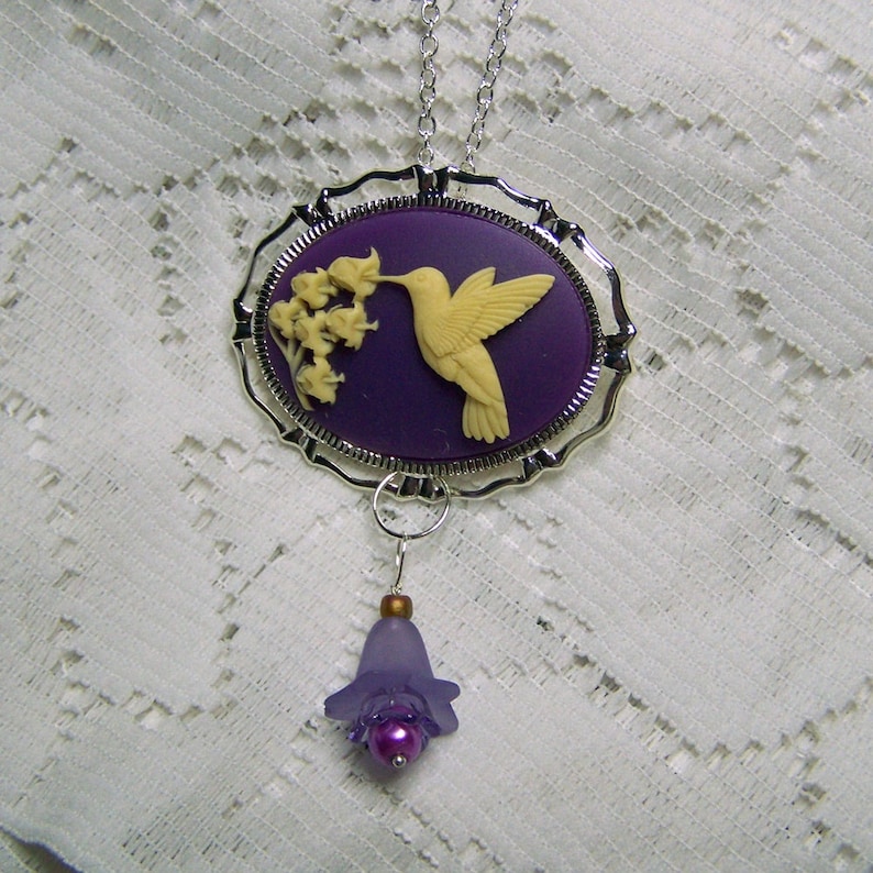 Hummingbird Cameo Hummingbird Jewelry Ivory Purple Hummingbird Necklace Cream Audubon Brooch Combo Ornithology Pin Amethyst Orchid