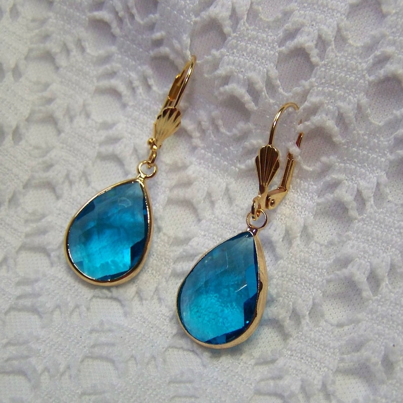 Aqua Blue Glass Teardrop Earrings Aquamarine Gold Earrings Blue Quartz Birthday Gift Idea Gift for Her Faceted Glass Teardrop Earrings