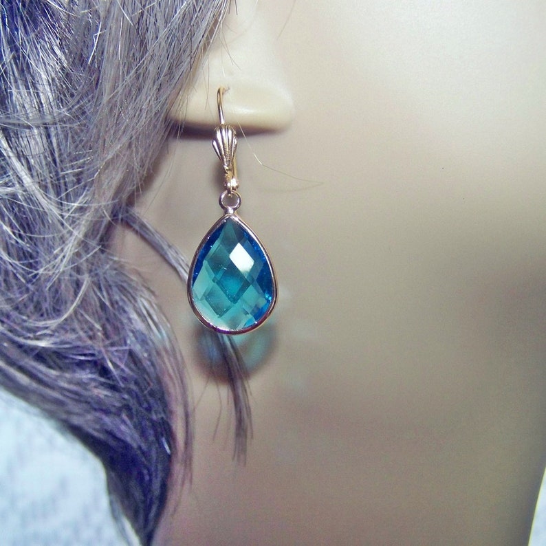 Aqua Blue Glass Teardrop Earrings Aquamarine Gold Earrings Blue Quartz Birthday Gift Idea Gift for Her Faceted Glass Teardrop Earrings