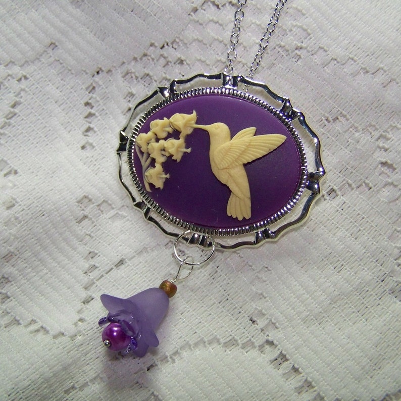 Hummingbird Cameo Hummingbird Jewelry Ivory Purple Hummingbird Necklace Cream Audubon Brooch Combo Ornithology Pin Amethyst Orchid