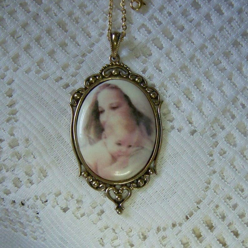 Mother/'s Precious Gift Porcelain Keepsake Pendant Mother /& Baby Necklace Gift for New Mother Mother/'s Day Gift Antiqued Gold