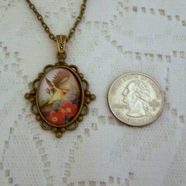 Red Flowers Bird Watching Flying Sparrow Necklace Antiqued Bronze Ornithology Flying Free Brown Yellow Cream Bird Pendant