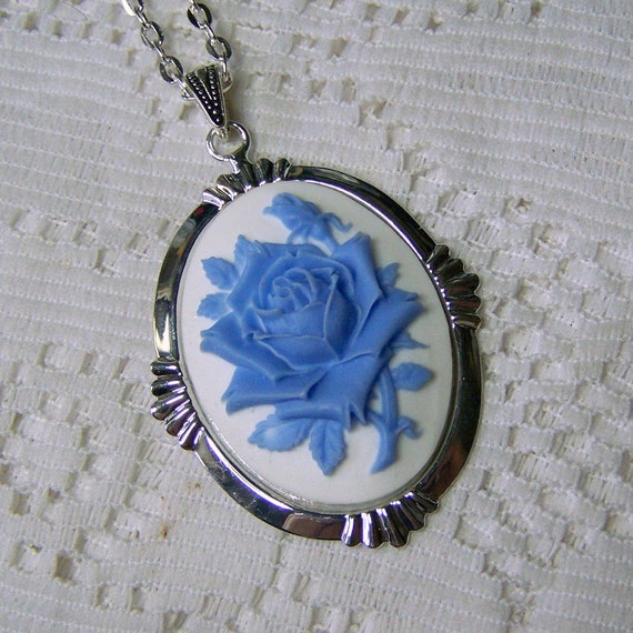 Rose Cameo Pendant Blue Rose Cameo Necklace Victorian Rose | Etsy