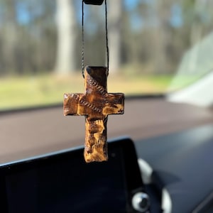Rustic Wooden Cross Hanging, Home Decor, Ornament, or Gift. Easter or Baptism Gift, Rearview Mirror Accessory; Rearview Mirror Cross