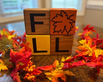 Rustic Wooden Block Set Spelling Fall with Leaf Design | Fall Tiered Tray Decor | Autumn Shelf Sitter | Farmhouse Harvest Block Sign