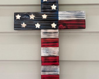 America Flag Cross Wall Hanging; American Flag Wall Art; Rustic Wooden American Flag Cross, Christian USA Flag Cross Sign, Veteran Gift