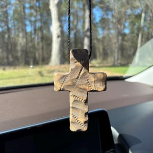 Western Oak Rustic Wooden Cross Hanging, Cross Ornament, or a Gift. Easter or Baptism Gift, Rearview Mirror Accessory; Rearview Mirror Cross
