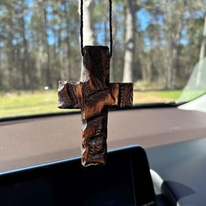 Red Mahagony Rustic Wooden Cross Hanging for Rearview Mirror, Home Decor, Ornament, or Gift.  Easter or Baptism Gift; Rearview Mirror Cross