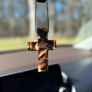 Burnt Wood Rustic Wooden Cross Hanging for Rearview Mirror, Home Decor, Ornament, or Gift. Easter or Baptism Gift; Rearview Mirror Cross