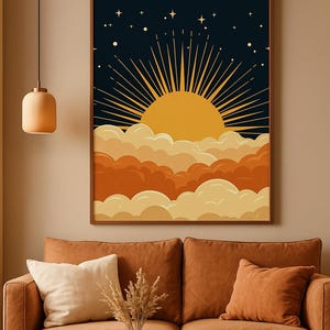 Boho Sun and Moon Print: Mid-Century Celestial Sunburst (Instant Download)