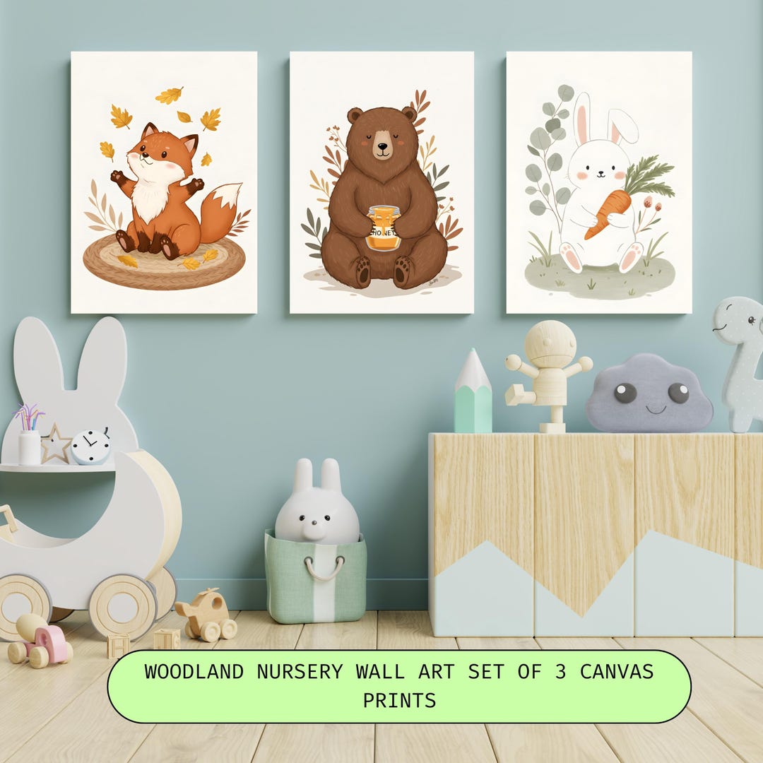Woodland Nursery Wall Art Set of 3 Prints, Boho Animal Printable Decor ...
