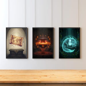 Printable RPG Wall Art Set – Lore Map, Spellsmith Forge, Spirit Beast Chamber – Dark Fantasy Digital Decor for Gamers & Dungeon Masters